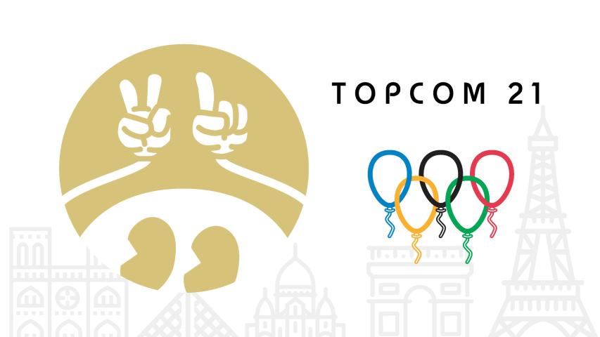 Arte de divulgação do evento com o nome Topcom 21 e balões coloridos que lembram os arcos olímpicos