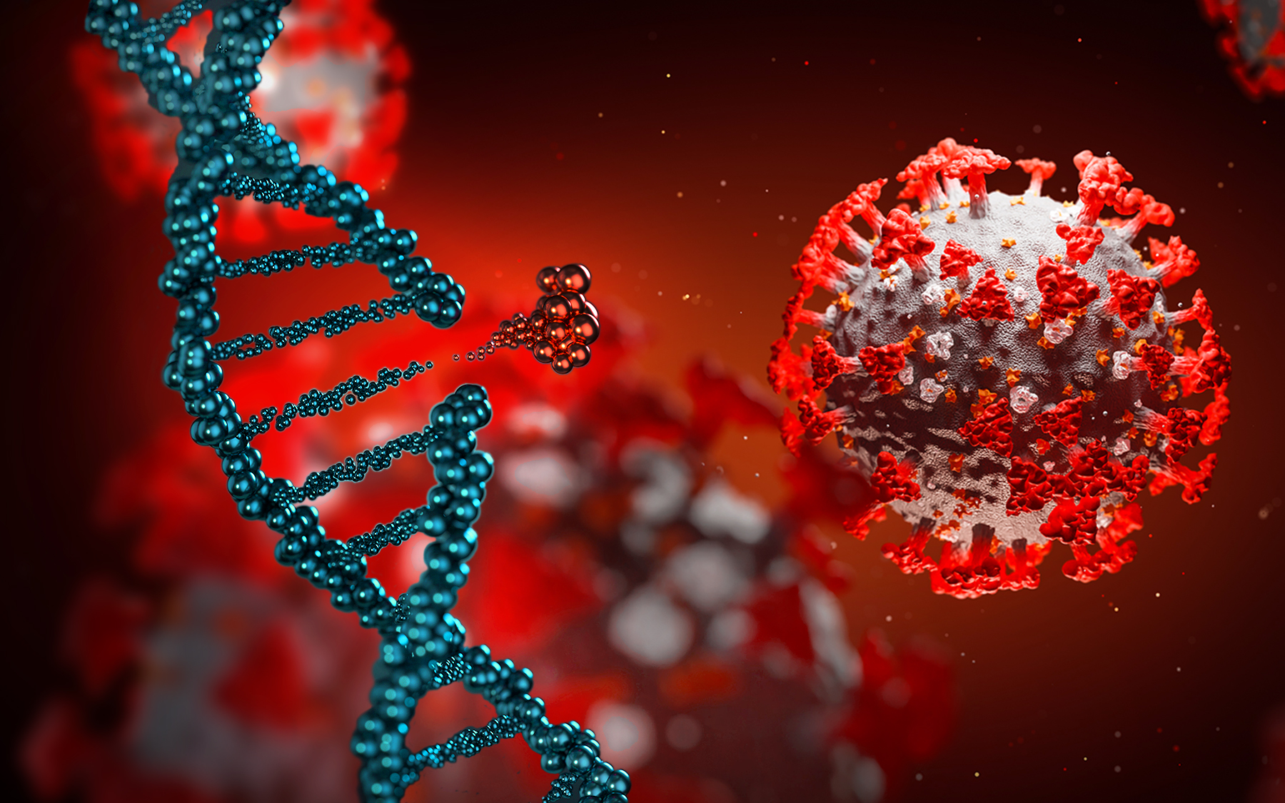 Imagem do coronavírus e de uma cadeia de DNA com fundo em preto e vermelho
