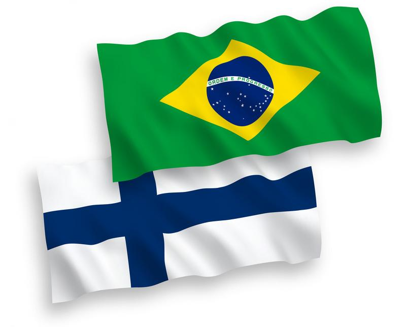 Bandeiras do Brasil e da Finlândia sobrepostas sobre um fundo branco