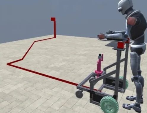 Imagem computadorizado de uma pessoa utilizando o andador robótico em uma sala
