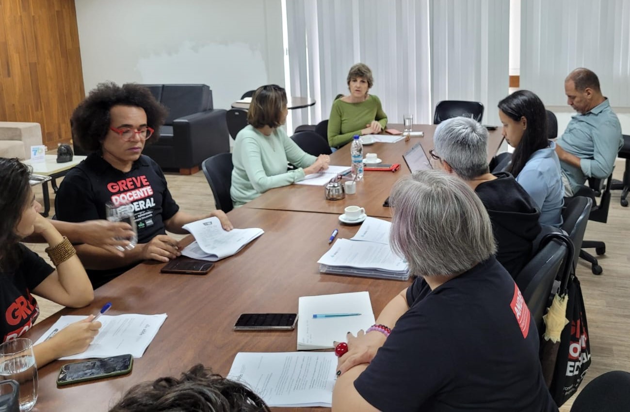 Foto da reunião, com todos os participantes sentados em torno da mesa.