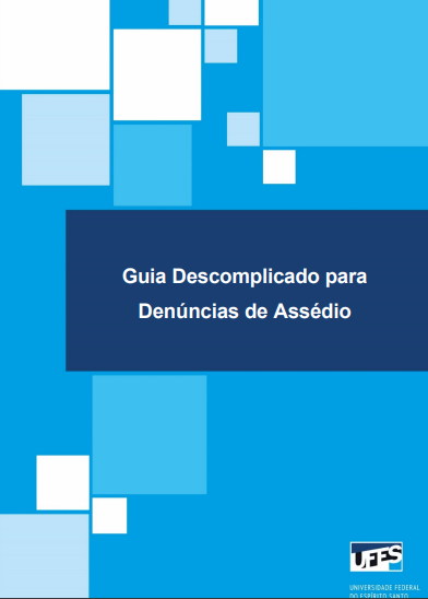 Imagem da capa do Guia lançado pela Ouvidoria. A capa possui quadrados e retângulos nas cores branca e azul claro, com o título escrito em branco sobre um retângulo azul escuro