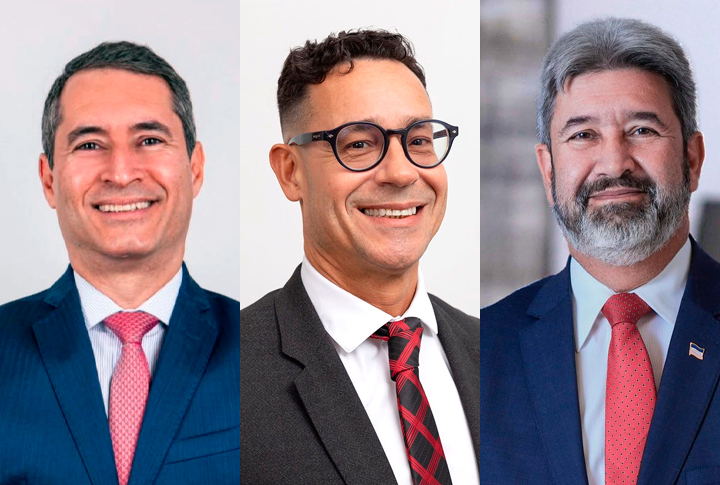 Alexandre Puppim, Vinicius Pinheiro de Sant’Anna e Erfen Ribeiro Montagem com a foto dos três candidatos: Alexandre Puppim, Vinicius Pinheiro de Sant’Anna e Erfen Ribeiro