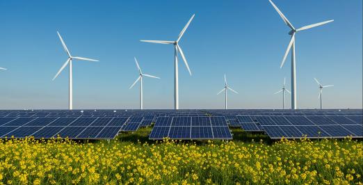Foto de moinhos de energia eólica e painéis de captação de energia solar