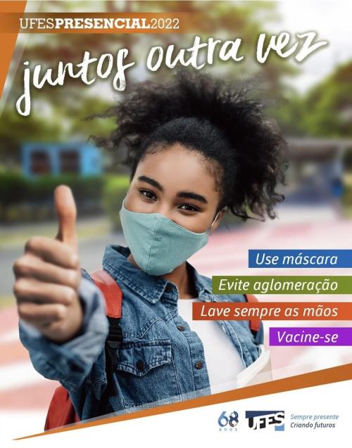 Imagem da campanha Juntos Outra Vez, onde aparece uma estudante usando máscara e fazendo sinal de "joia"