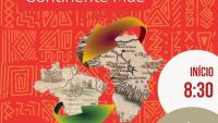 Cartaz de divulgação do evento com fundo vermelho e a imagem do Brasil e da África e setas que indicam a comunicação entre o continente africano e o Brasil.