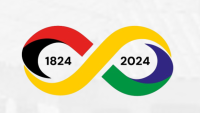 Logomarca do evento. Um símbolo de infinito nas cores das bandeiras do Brasil e da Alemanha e, no centro de cada círculo, as datas 1824 e 2024.