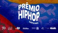 Cartaz de divulgação com as cores vermelho, azul e laranja e, escrito em branco, Prêmio Hip Hop Capixaba.