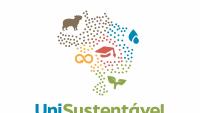 Logomarca da Rede UniSustentável: o mapa do Brasil com símbolos como gotas d´água, uma capivara e uma planta.