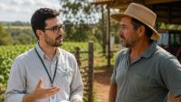 Imagem de um pesquisador conversando com um produtor rural