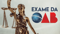 Imagem da estátua da Justiça e a inscrição "exame da OAB"
