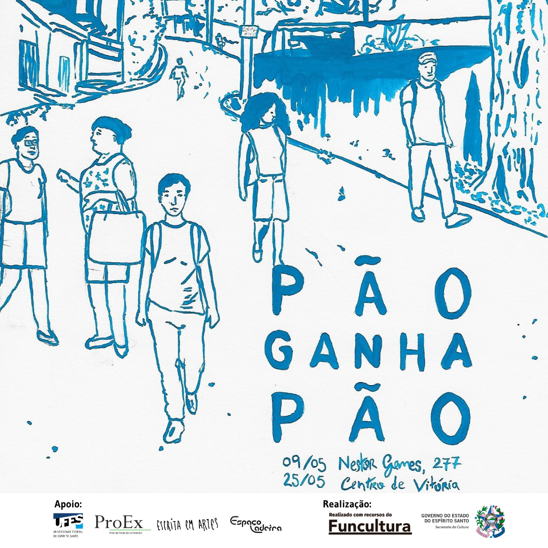 Cartaz de divulgação da exposição com as informações sobre o evento e o desenho, em azul com fundo branco, de pessoas andando por uma rua. 