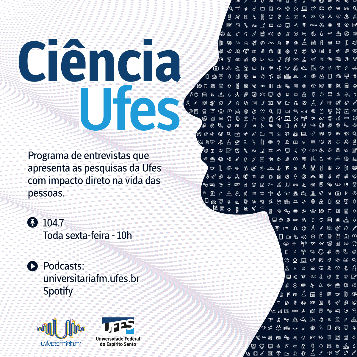 Logomarca do programa Ciência Ufes. A silhueta do perfil de uma cabeça em azul e, dentro da imagem, miniaturas que simbolizam várias áreas do conhecimento