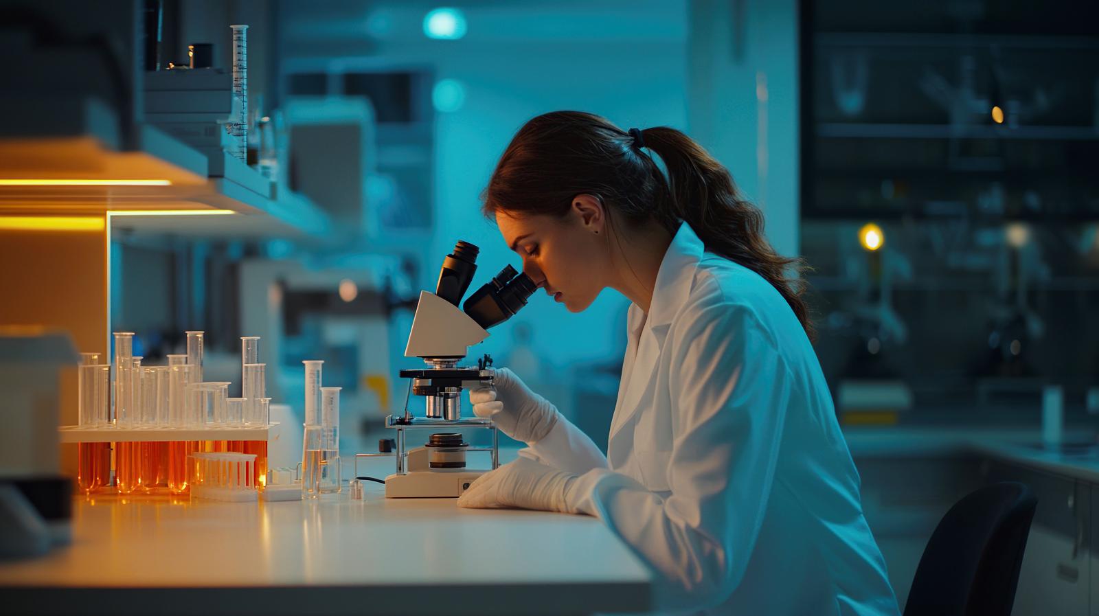 Imagem de uma cientista em um laboratório olhando no microscópio