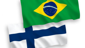 Bandeiras do Brasil e da Finlândia sobrepostas sobre um fundo branco