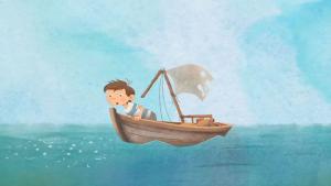 Cena da animação Juzé, que mostra um menino navegando em um pequeno barco.