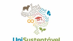 Logomarca da Rede UniSustentável: o mapa do Brasil com símbolos como gotas d´água, uma capivara e uma planta.