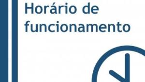 cartaz branco com o texto "horário de funcionamento" escrito em azul e o desenho parcial de um relógio também em azul 